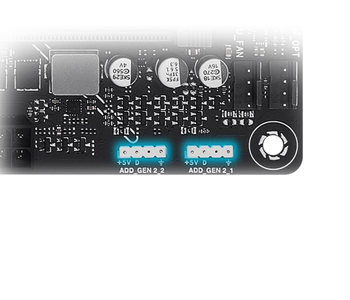 Das B650E MAX GAMING WIFI Mainboard verfügt über adressierbare RGB Gen 2 Header.