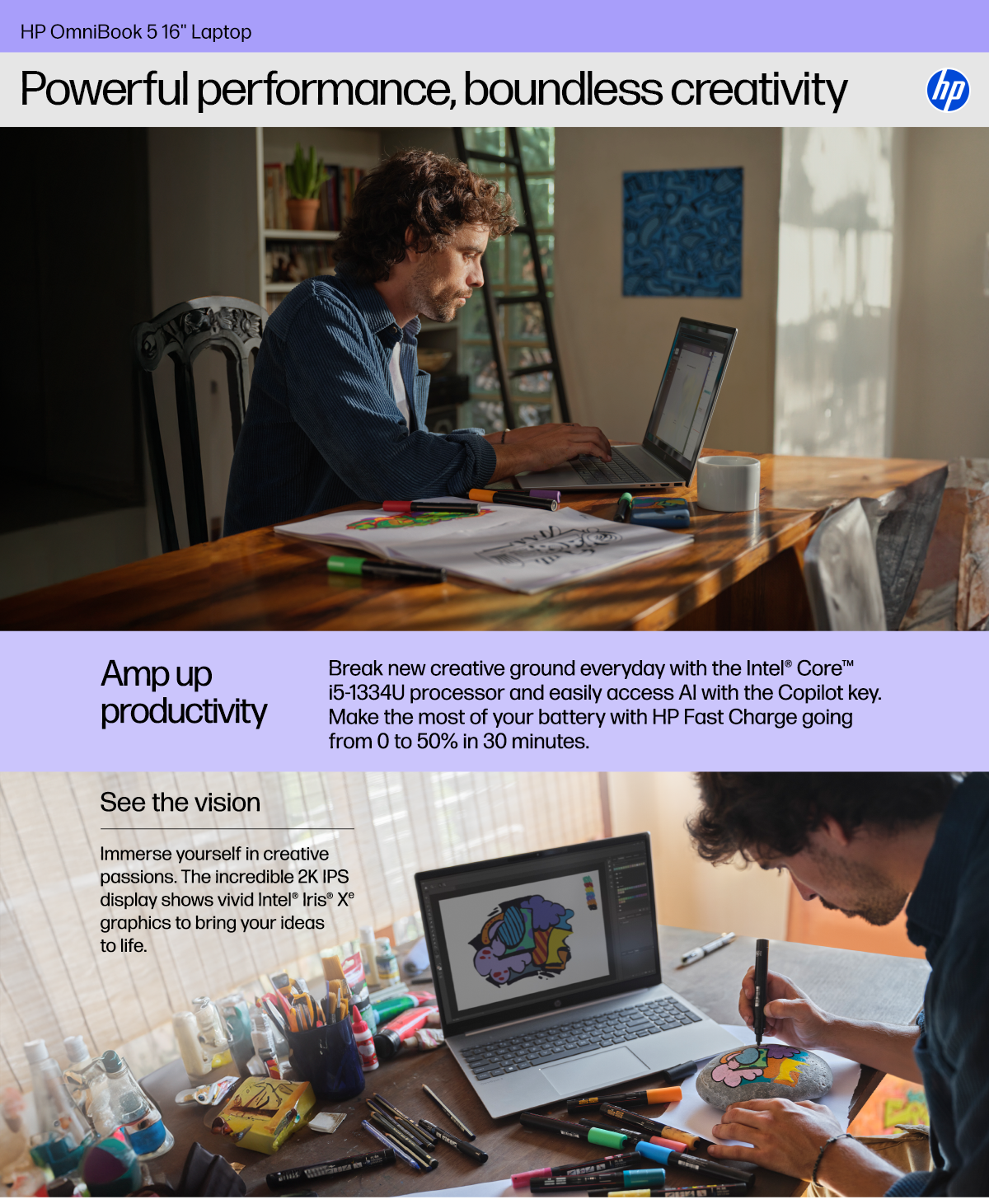 Creator works on his Pavilion 16. Man works on art while using the HP Pavilion for reference.