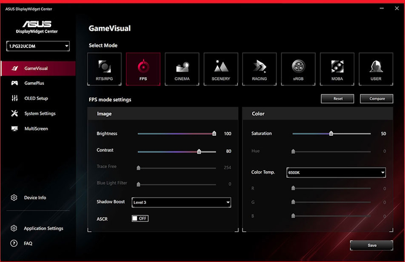 Screenshot of the new ASUS DisplayWidget Center UI showing system settings, OLED functions, and more.
