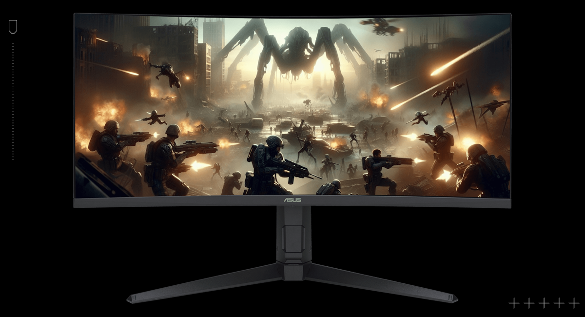 The VG34WQL5A monitor displaying vibrant, color-saturated gameplay footage of a combat scene