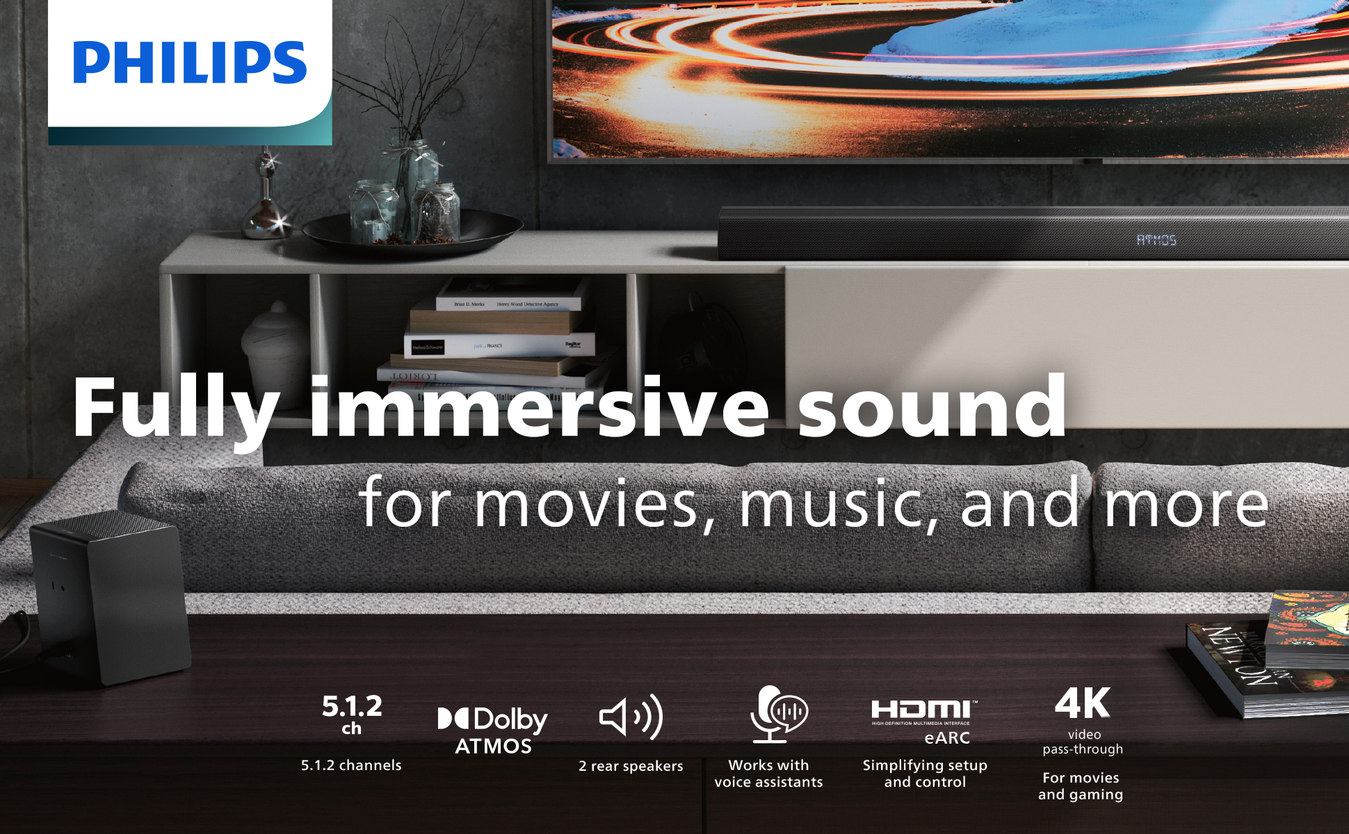 Dolby Black Philips - Atmos TAB8967/37 390W Soundbar System 5.1.2-Channel