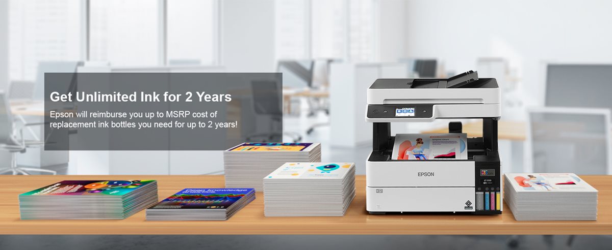 Get Unlimited Ink for 2 Years. Epson will reimburse you up to MSRP cost of replacement ink bottles you need for up to 2 years!