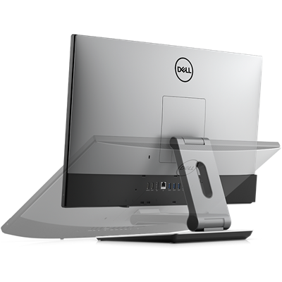 Picture of a Dell OptiPlex 7400 All-in-One Desktop on its back showing Dell logo and ports available behind the product.