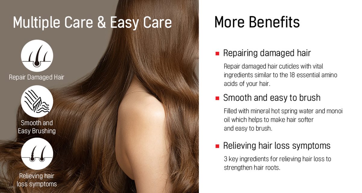 Profile shot photo of a model with beautiful, light, smooth and luxurious looking hair flowing down over her shoulder with bullet points of more benefits of the product.