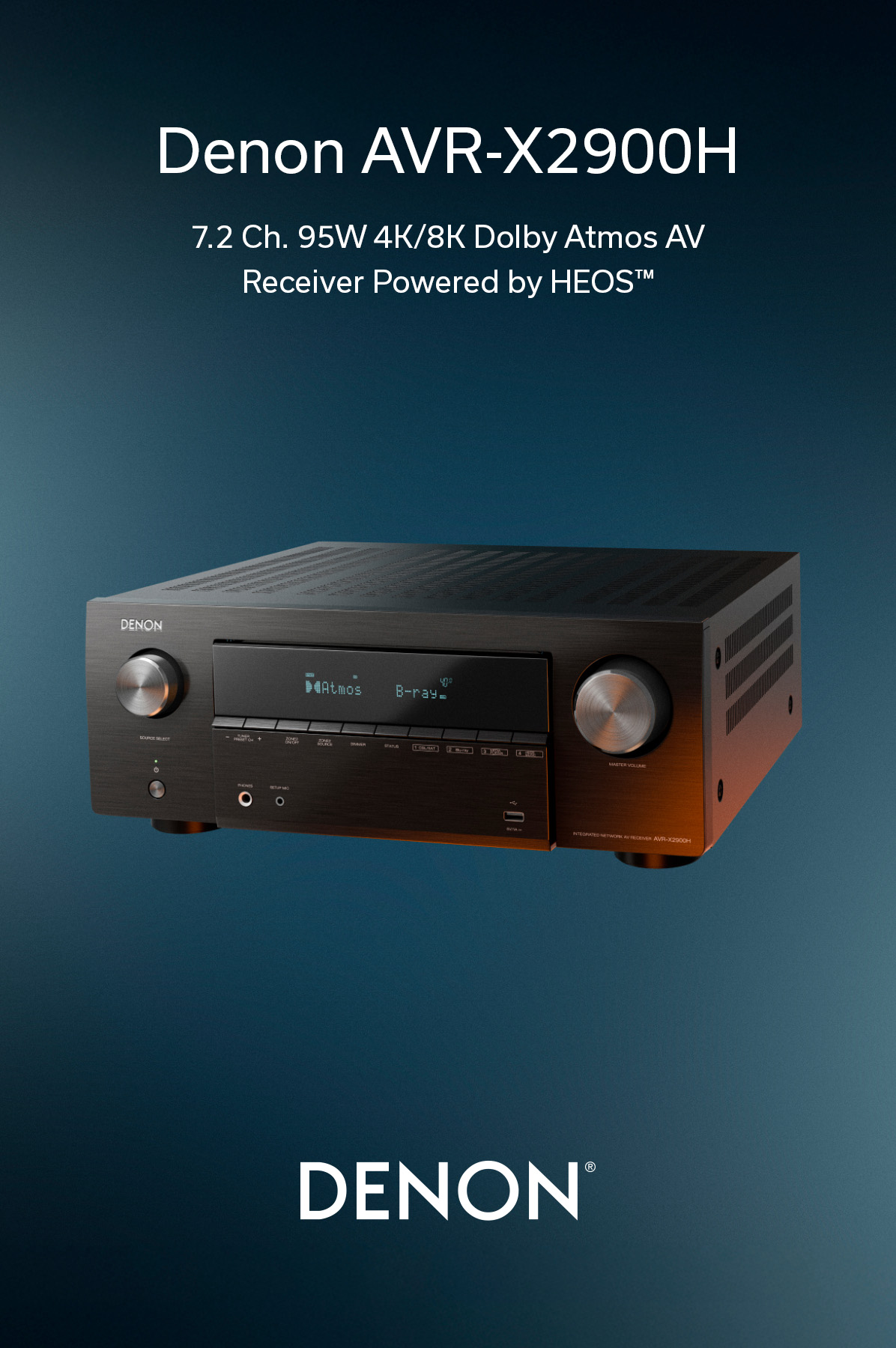 Denon AVR X2900H 7.2 Ch. 95W 4K/8K Dolby Atmos AV Receiver Black
