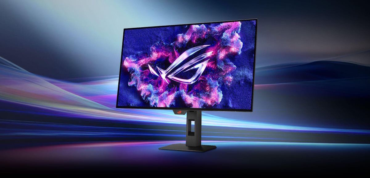 ROG Strix OLED XG27AQWMG key visual showing the monitor on the right, vivid neon streaks in the background, and bold gradient text “Visuals Redefine. Witness the Evolution.” on the left with feature highlights below, plus a “No.1 OLED for Gaming” icon in the lower right corner.