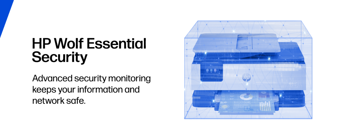 An informational banner highlights "HP Wolf Essential Security" alongside an illustration of an HP printer enclosed in a protective blue digital cube.