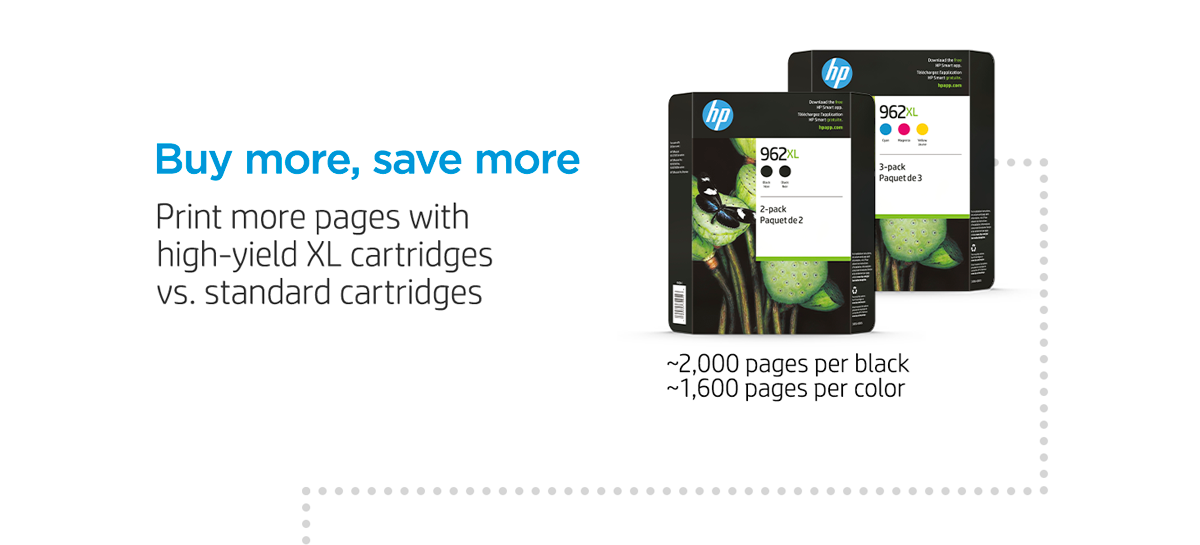 Buy more, save more when you print more pages with high-yield XL cartridges vs. standard cartridges: The 962XL Black 2-pack (2 XL Black) and the 962XL cmy 3-pack (1 XL cyan, 1 XL magenta, 1 XL yellow) get ~2,000 pages per Black & ~1,600 pages per Color.