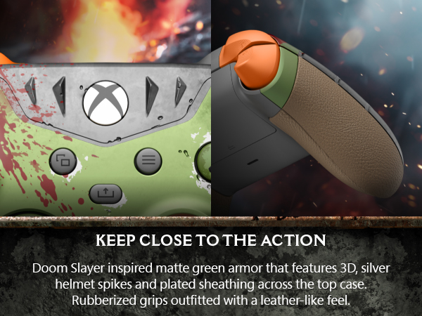 Keep close to the action	Battle hordes of demons with Doom Slayer inspired matte green armor that features 3D, silver helmet spikes and plated sheathing across the top case. Grab hold of the rubberized grips outfitted with a leather-like feel to keep you close to the action.