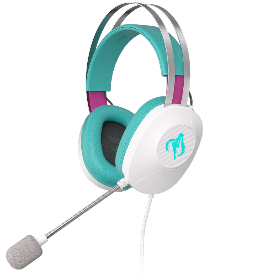 TUF Gaming H1 Gen II Hatsune Miku Edition schräge Seitenansicht mit Mikrofon und Schallwellen