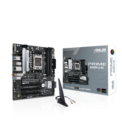AMD B650 Micro-ATX motherboard, DDR5, PCIe 5.0 M.2 support, Realtek 2.5Gb Ethernet, Wi-Fi 6, DisplayPort, VGA, HDMI®, SATA 6 Gbps, USB 3.2 Gen 2 ports, front USB 3.2 Gen 1 Type-C®, BIOS FlashBack™, Arua Sync