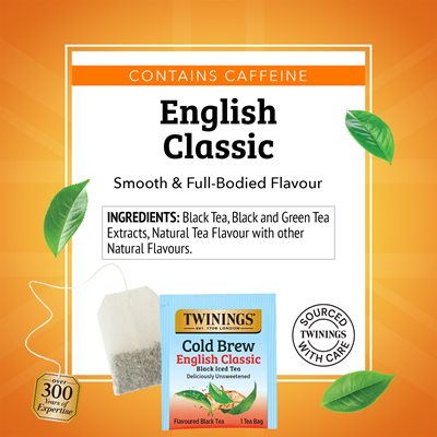 Twinings English Classic Cold Brew Iced Tea Bags, Unsweetened Black Tea, Individually Wrapped Bags, Caffeinated, 20/Box (TNA51331)
