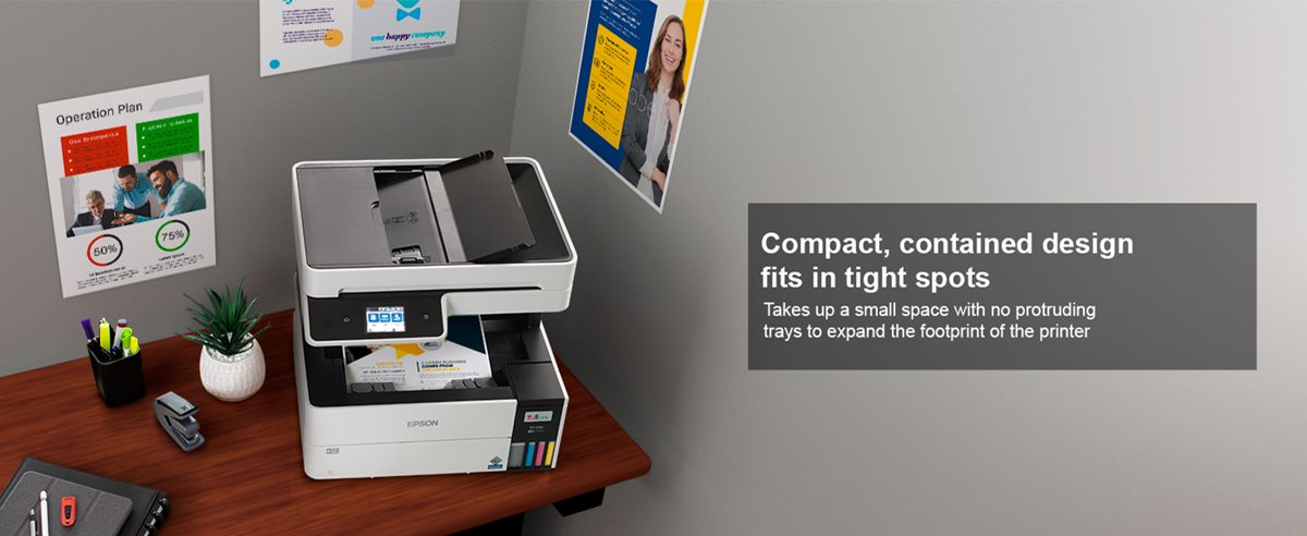 Compact, contained design fits in tight spots. Takes up a small space with no protruding trays to expand the footprint of the printer