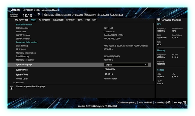 UEFI BIOS Advanced Mode UI.