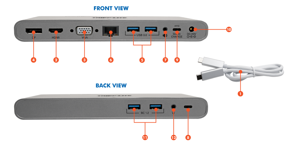 Tripp Lite U442-DOCK4-S USB-C Docking Station, HDMI, VGA, DP, USB-A/C, GbE,  100W PD Charging, Power Supply Included – 4K @ 30 Hz, Thunderbolt 3, Silver