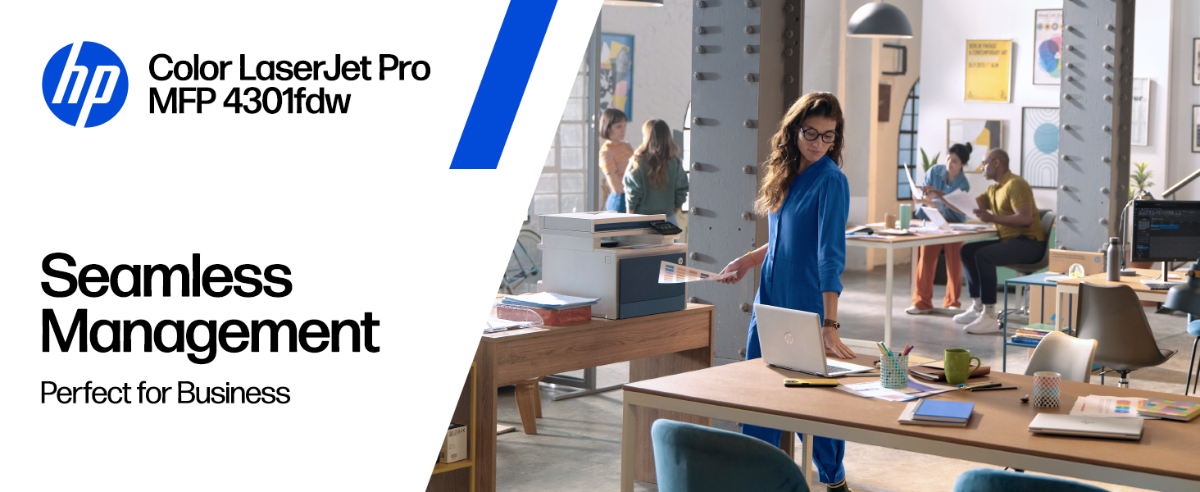 A professional retrieving a print from an HP Color LaserJet Pro MFP 4301fdw in a modern office.