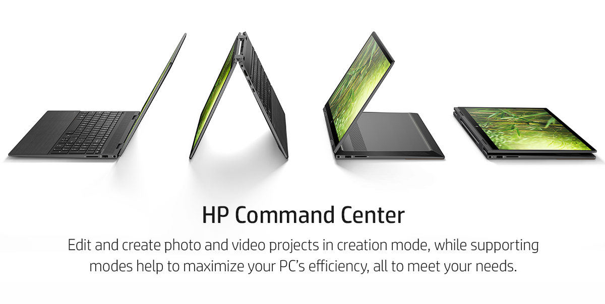 HP ENVY 15 x360 shown in four modes: laptop, tent, stand, tablet.
