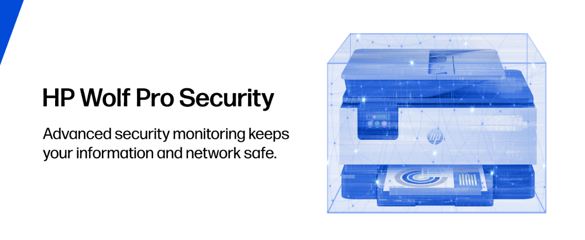An informational banner highlights "HP Wolf Pro Security" alongside an illustration of an HP printer enclosed in a protective blue digital cube.