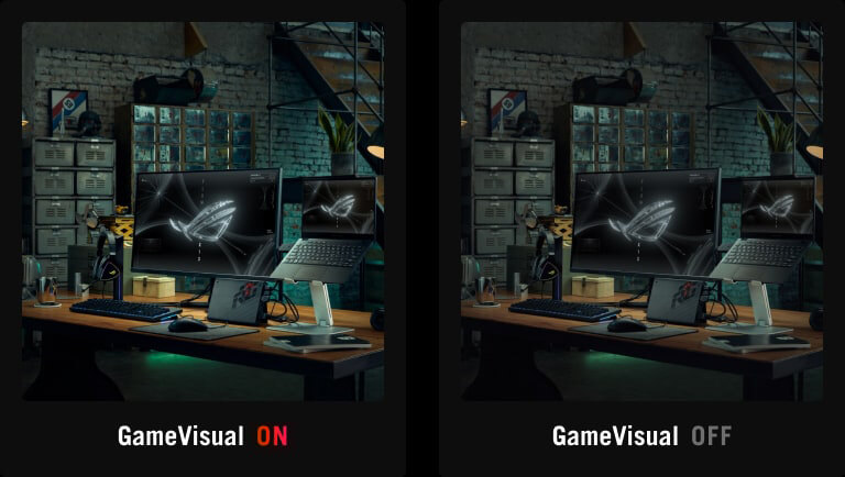 Ein lebendiges Rendering eines Raums mit einem ROG-Gaming-Setup im Vordergrund / Identisches Rendering des Raums mit einem ROG-Gaming-Setup im Vordergrund, mit weniger lebendigen Farben