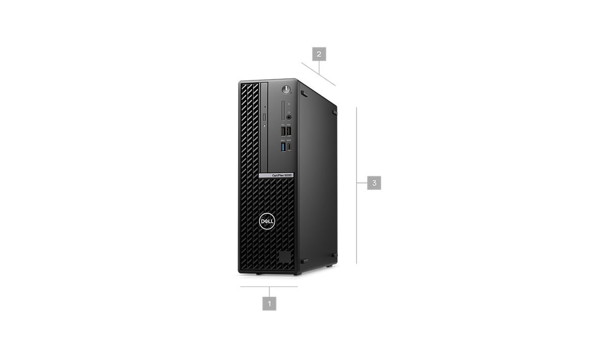 Bild zweier Dell OptiPlex 5000-Tower-Desktop-PCs mit Ziffern von 1 bis 3 zur Kennzeichnung der Produktabmessungen und des Gewichts.