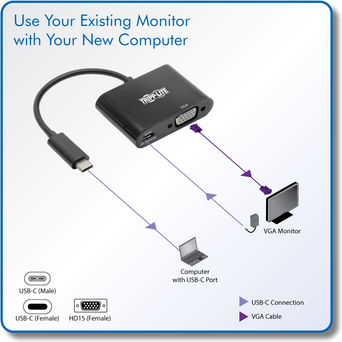 Tripp Lite USBC to VGA Adapter w/PD Charging USB 3.1 Gen 1, 1920 x