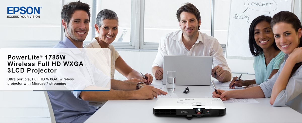 PowerLite® 1785W Wireless WXGA 3LCD Projector. Ultra portable, widescreen wireless projector with Miracast® streaming