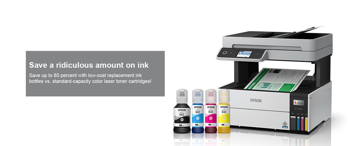 Save a ridiculous amount on ink. Save up to 80 percent with low-cost replacement ink bottles vs. standard-capacity color laser toner cartridges