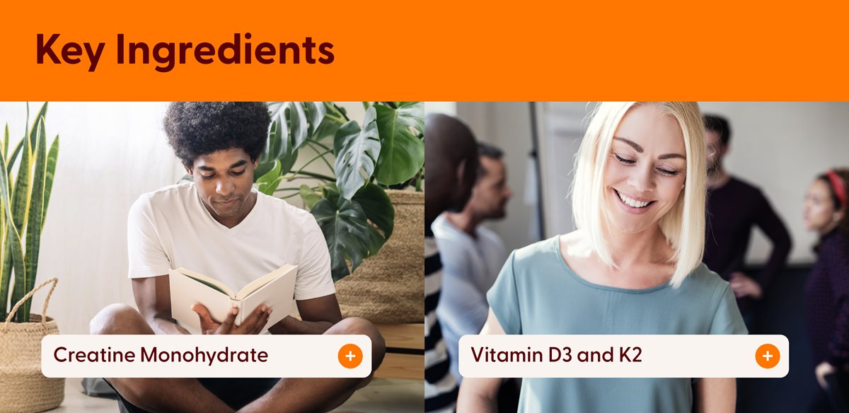 Key ingredients. Left: creatine monohydrate. Right: Vitamin D3 and K2
