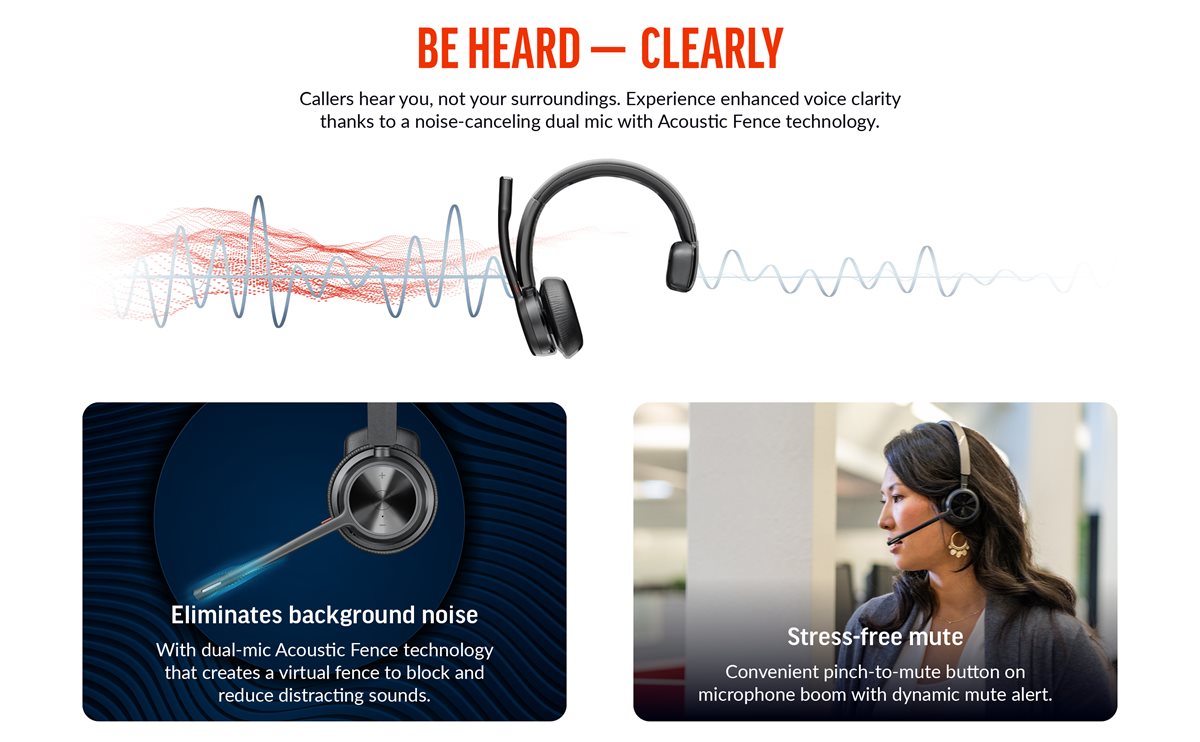 Voyager 4310 headset uses the Acoustic Fence technology to block out distracting sounds.
