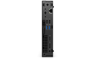 Picture of a Dell OptiPlex 3000 Micro Computer on its back showing the ports available behind the product.