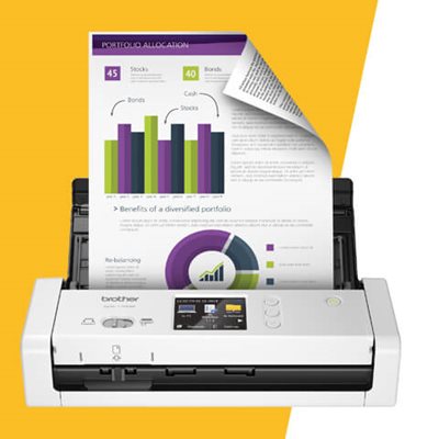 Scanner scanning a two-sided document, shown over a yellow background