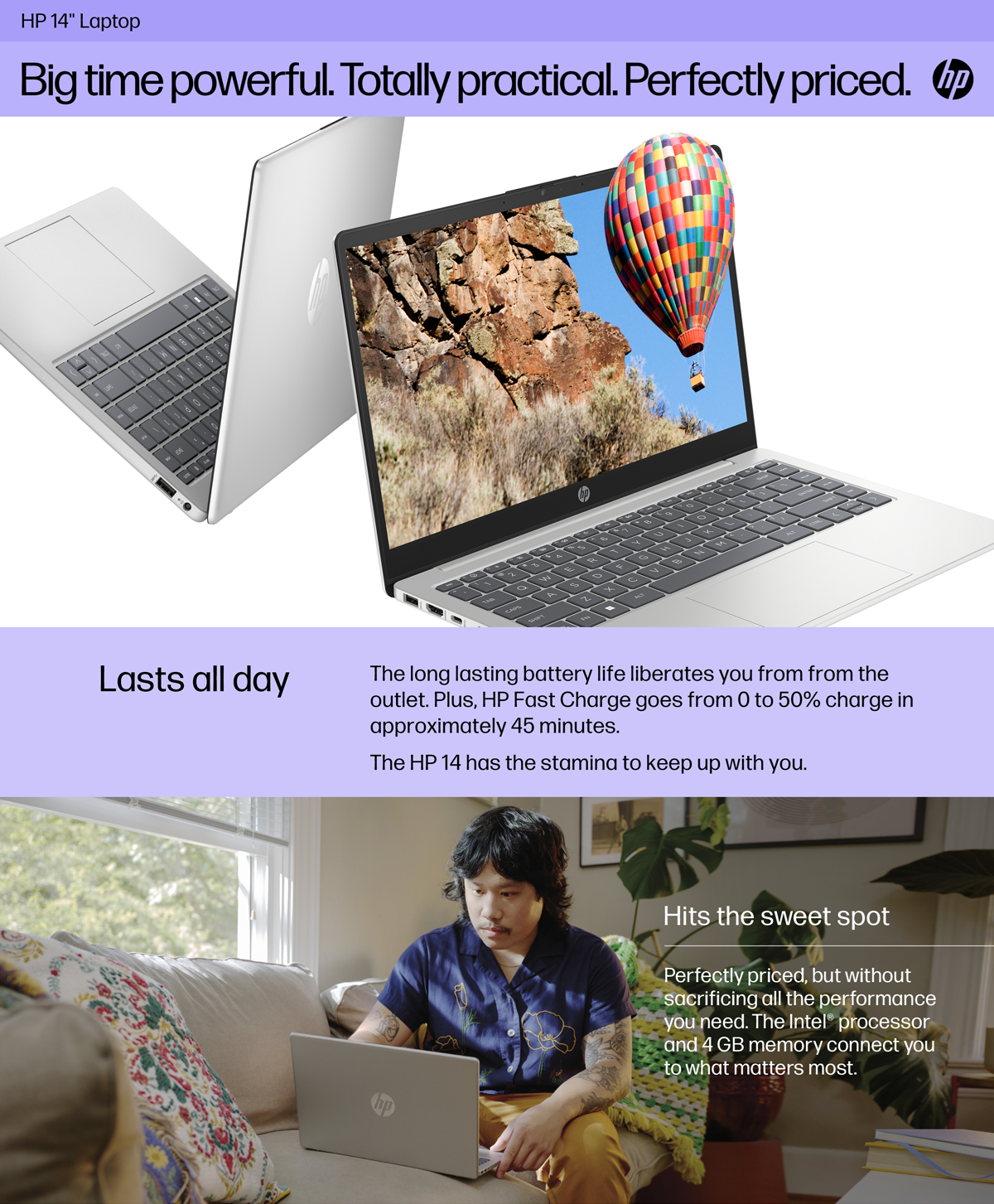 HP 14 inch laptop shows media. Man uses his laptop on the couch.