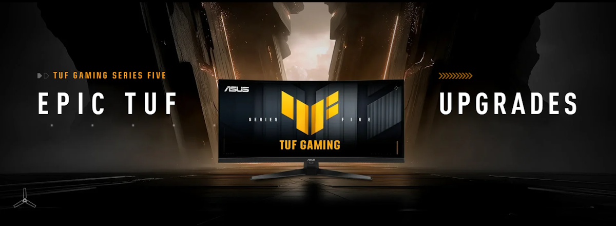 The TUF Gaming monitor VG34WQ5A displaying vibrant, colorful graphics with the TUF logo at its center.