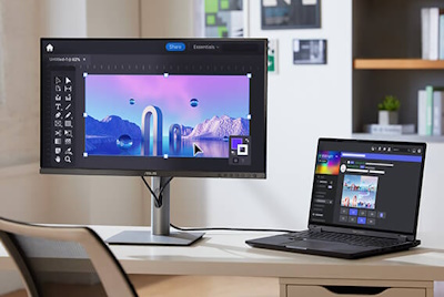 One laptop with an extended display shows AI content creation workflow