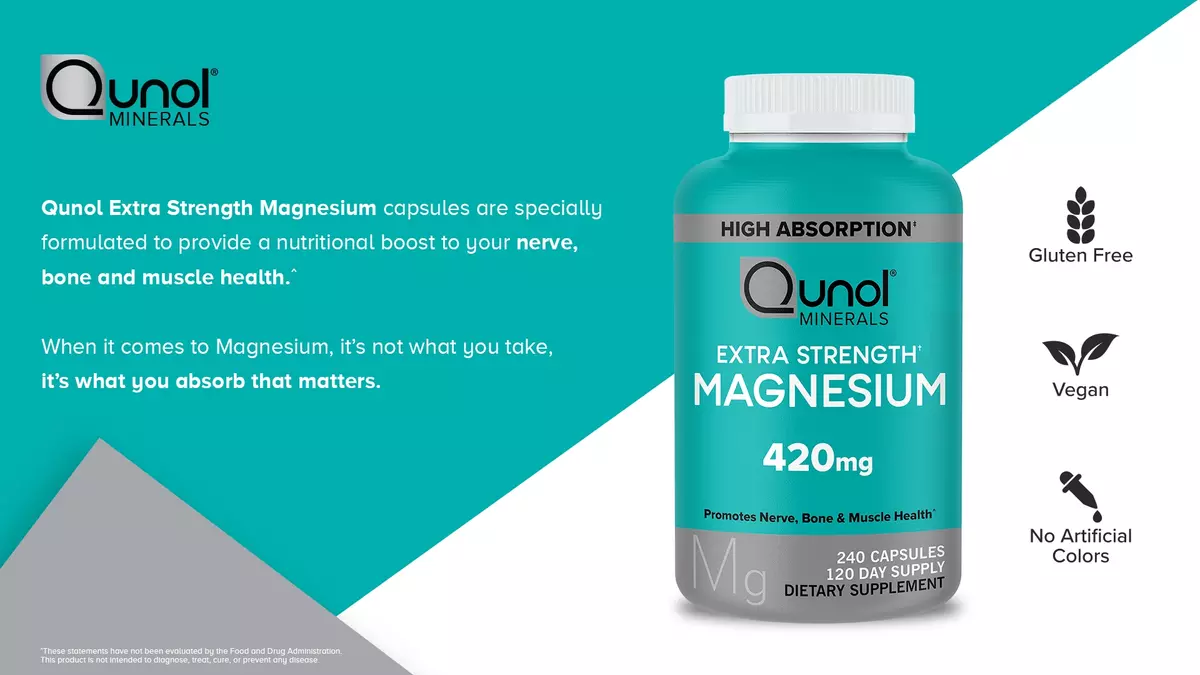 Qunol Extra Strength Magnesium capsules are specially formulated to provide a nutritional boost to your nerve, bone and muscle health. When it comes to Magnesium, it's not what you take, it's what you absorb that matters. Gluten free, vegan, no artificial colors.
