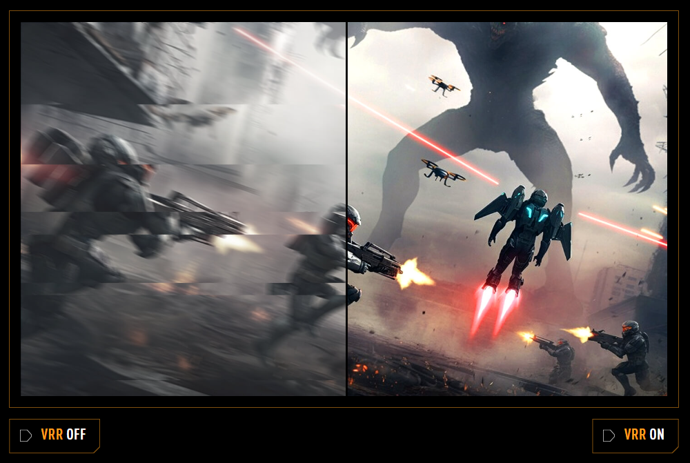 Soldier shooting monster with VRR off showing blur on left, tear-free on right.