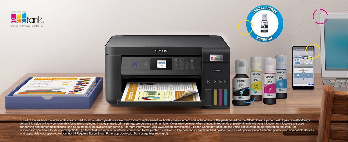 ET-2850 printer on a desk next to ink bottles