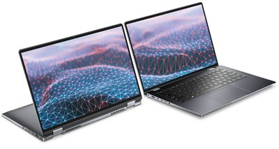 Bild von zwei Dell Latitude 14 9430-2-in-1-Laptops nebeneinander, einer aufgeklappt als Tablet und einer aufgeklappt als Laptop.