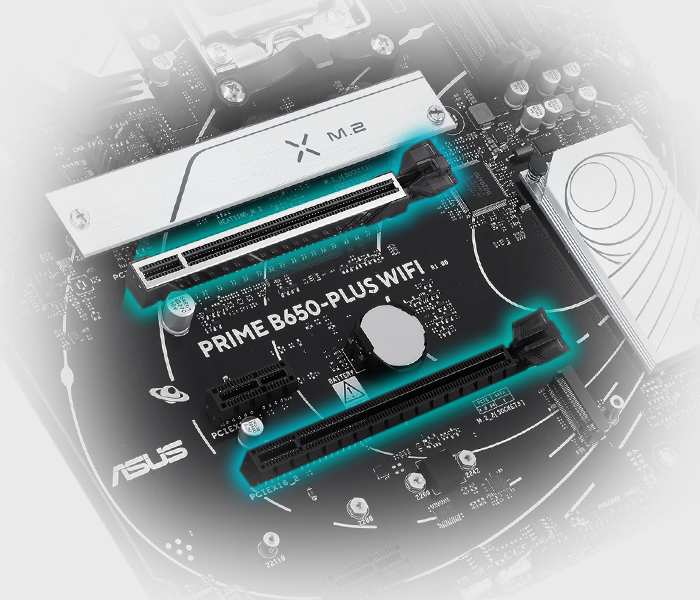 Das PRIME B650-PLUS WIFI Mainboard unterstützt PCIe® 4.0 Slots.
