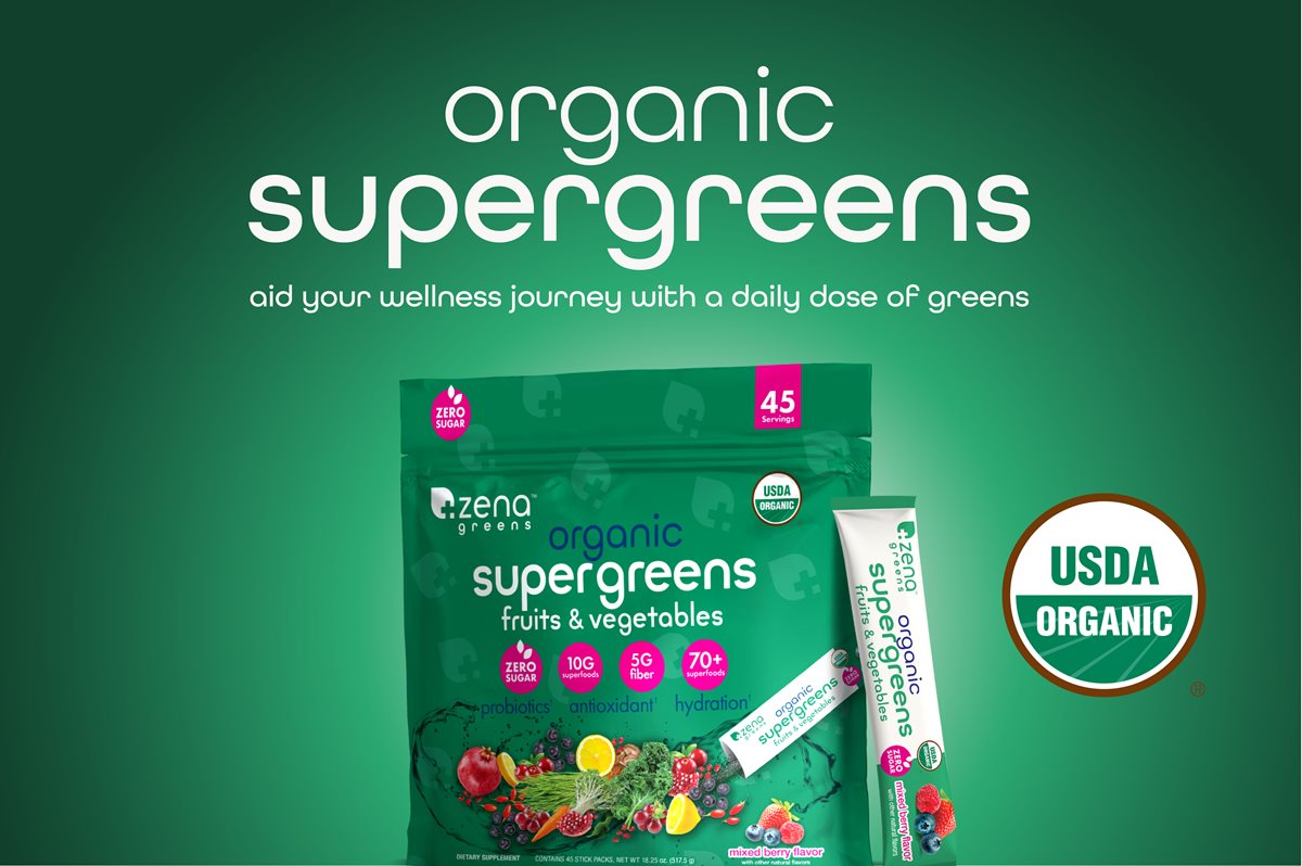 Zena Organic Supergreens Bag and stick pack with green background and USDA Organic logo