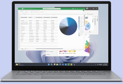 Ein Snap-Layout mit PowerPoint und Excel wird auf dem Bildschirm eines Surface Laptop 5 angezeigt