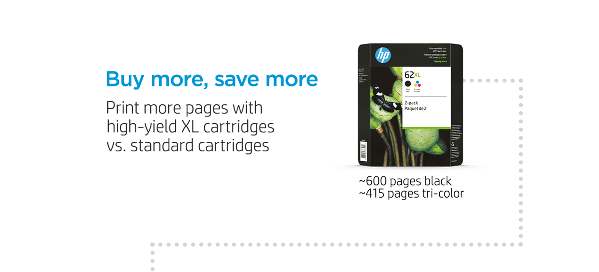 Discover the right option for your printing needs with: The 62XL Ink Crtg Club Combo Content Pack (1 xl black, 1 xl tri-color) Combo cartridges Convenience get ~600 pages black & ~415 pages tri-color.
