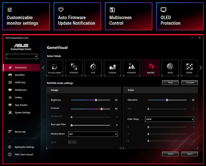 Screenshot of the new ASUS DisplayWidget Center UI showing system settings, OLED functions, and more.