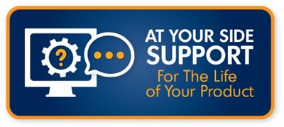 Computer icon with speech bubble and text reading "At your side support for the life of your product"