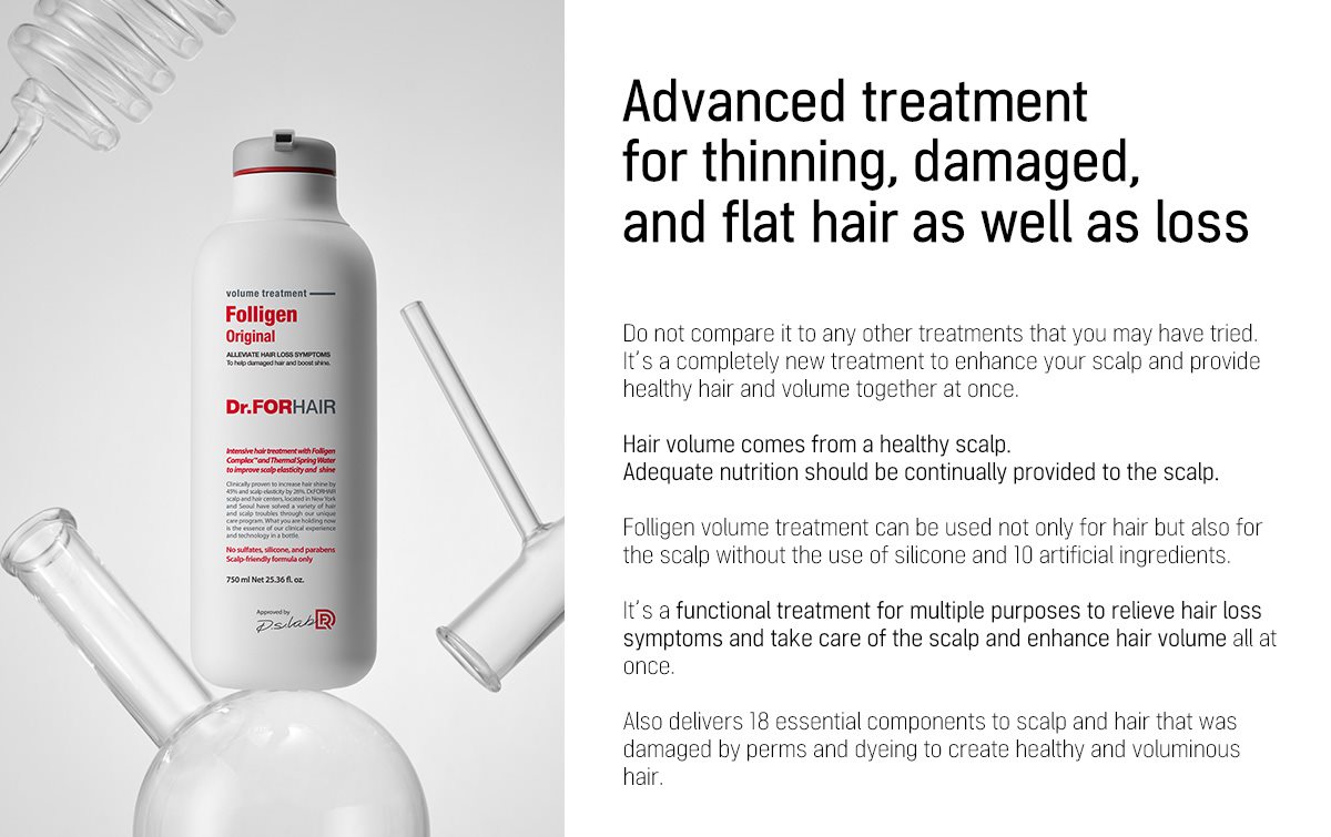 Lifestyle/CG photo of the Dr. for Hair Folligen Original Shampoo floating in the middle of a white and gray gradiated background with glass tubes floating nearby around the bottle. Image is used to correlate Science and testing was done to achieve formulation results of the product.
