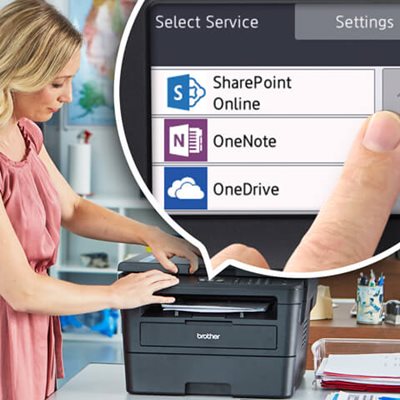 Woman at desk using printer's touchscreen with close-up image of touchscreen showing scan-to locations SharePoint Online, OneNote, and OneDrive