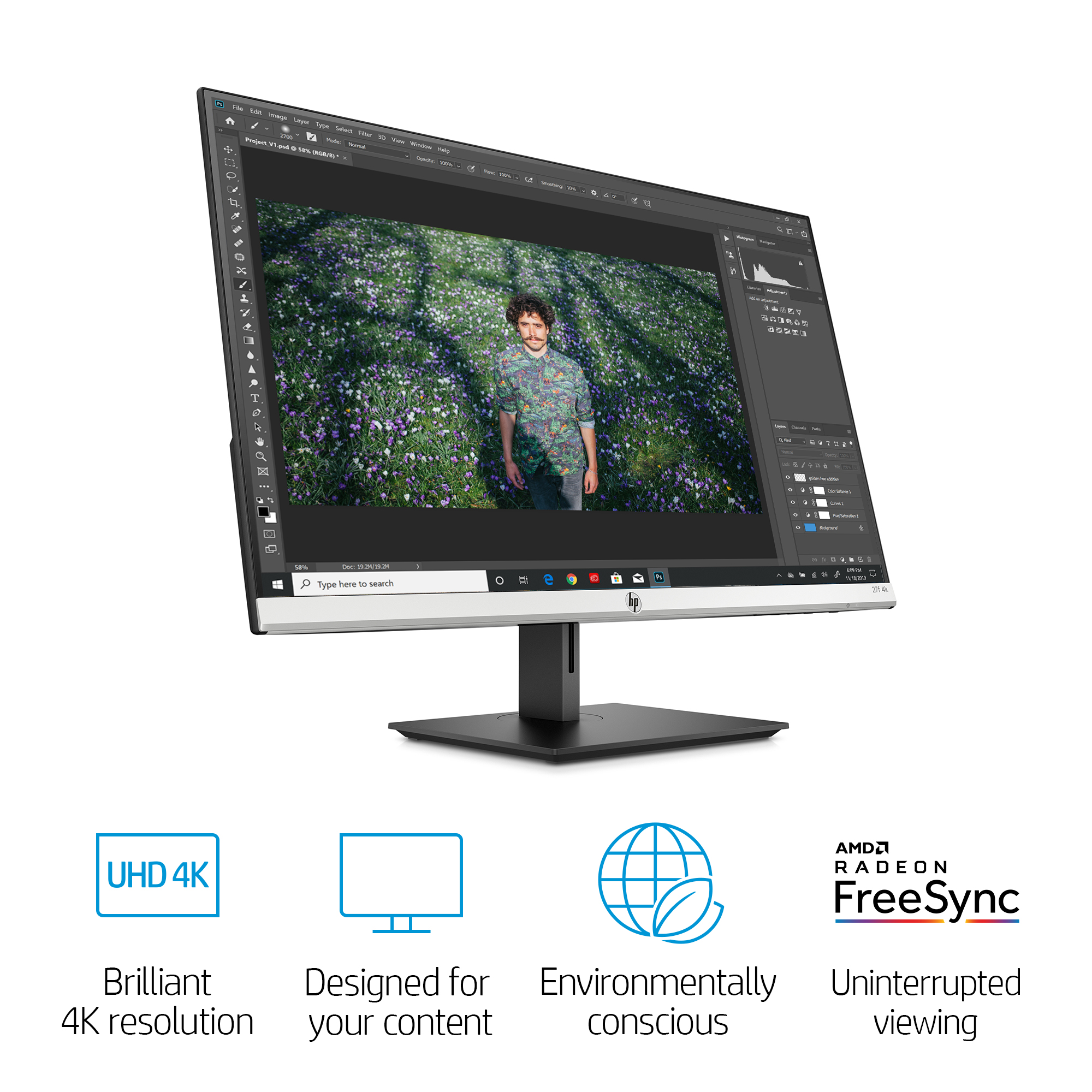 HP 27f 27” UHD 3840 x 2160 4K IPS Free Sync Monitor, 5ms Response Time,  60Hz Refresh Rate, 2 HDMI, DisplayPort, 10000000:1 Contrast Ratio, 178°