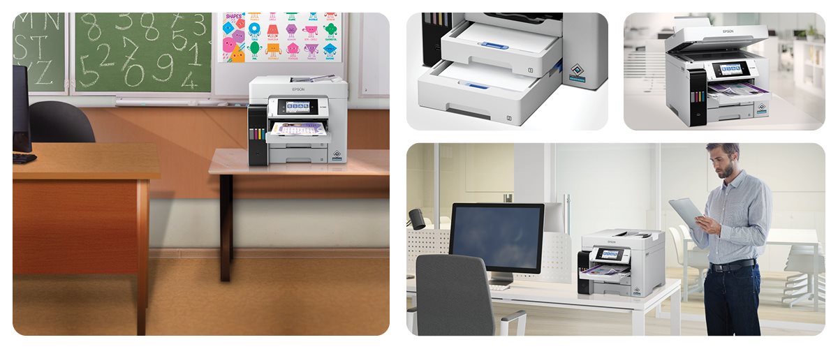 WorkForce Pro ST-C5000 Supertank Color MFP on desk in classroom and office settings.