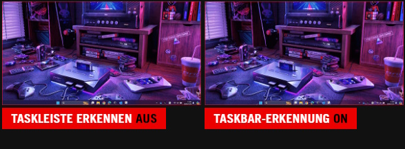 Das Vergleichsbild zeigt zwei Screenshots von Deskto. Die Taskleiste auf dem linken Bild ist normal, während die Taskleiste auf dem rechten Bild mit einem transparenten Effekt versehen ist.