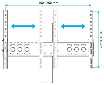 Line drawing of TV mount, showing horizontal adjustability, and the compatible VESA range - 100-600mm wide, by 50-400mm high